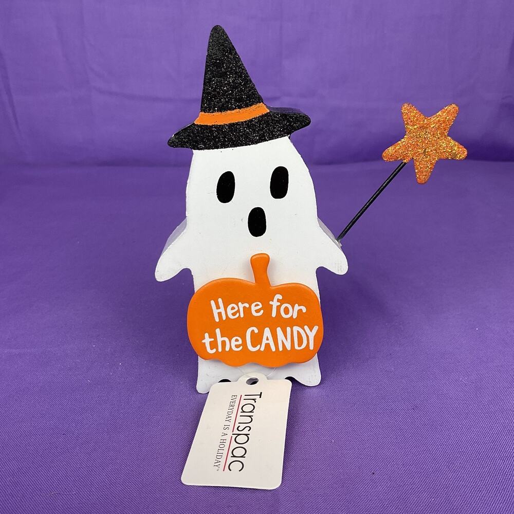 Halloween Witch Ghost Wood Shelf Sitter - Orange Glitter Wand & Pumpkin Sign